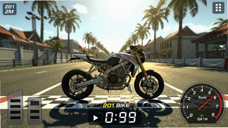 Drag Bike 201m Sunmori 摩托车直线竞速游戏主界面,画面中央是一辆改装摩托车停在201米赛道起点,背景为印尼城市街道与热带棕榈树,阳光明媚,画面下方显示起步倒计时与换挡转速表,整体风格写实且充满速度感,适配Boogu模型生成