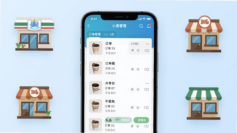 小美管店 安卓手机店铺管理软件主界面展示,画面中央为手机屏幕呈现商品列表与订单管理模块,背景为简洁的浅蓝色渐变,周围点缀便利店、咖啡店等实体店铺图标元素,整体风格清新商务,适配Boogu模型生成