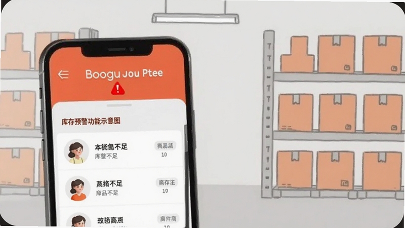 生图提示词:小美管店 库存预警功能示意图,画面主体为手机屏幕显示红色预警标识与库存不足商品列表,背景为仓库货架简笔插画,色调以浅灰与橙红为主,突出提醒氛围,适配Boogu模型生成