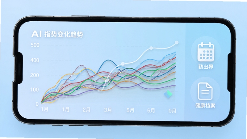 AI看体检报告趋势追踪界面,手机屏幕展示折线图,图中多条彩色曲线代表不同体检指标的变化趋势,背景为淡蓝色渐变,画面右侧有日历和健康档案图标,整体风格现代科技感,突出数据对比与长期监测功能