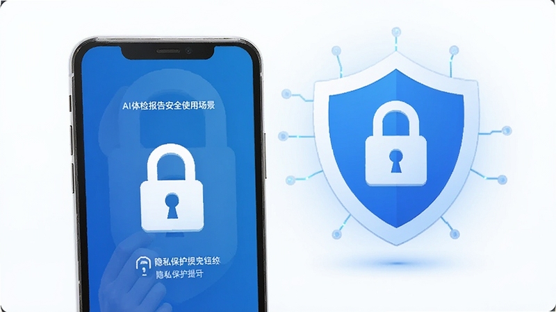 AI看体检报告安全使用场景,手机屏幕显示应用锁界面和隐私保护提示,背景为盾牌和锁形图标组合,画面色调以蓝色和白色为主,突出安全感和科技感,整体构图简洁明了