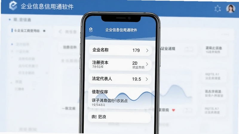 企业信息信用通软件界面展示企业工商信息查询结果,手机屏幕中显示企业名称、注册资本、法定代表人等字段,背景为简洁的商务蓝色调,画面清晰展示查询流程