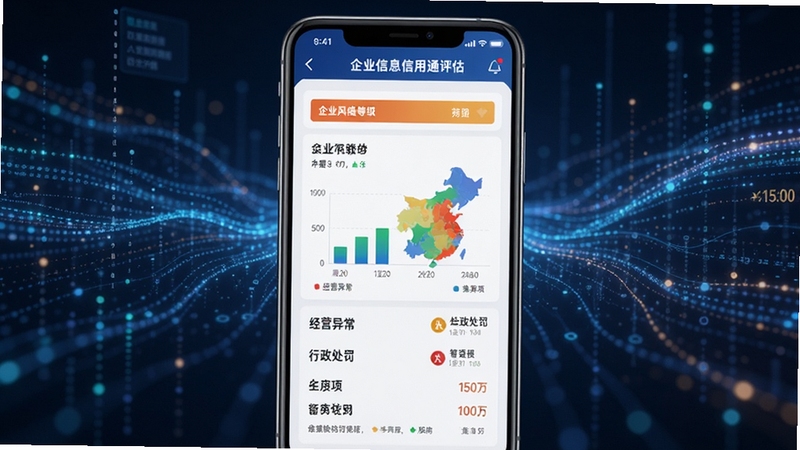 企业信息信用通风险扫描功能界面,手机屏幕上显示企业风险等级评估图表,包含经营异常、行政处罚等风险项标识,背景为科技感数据流动效果