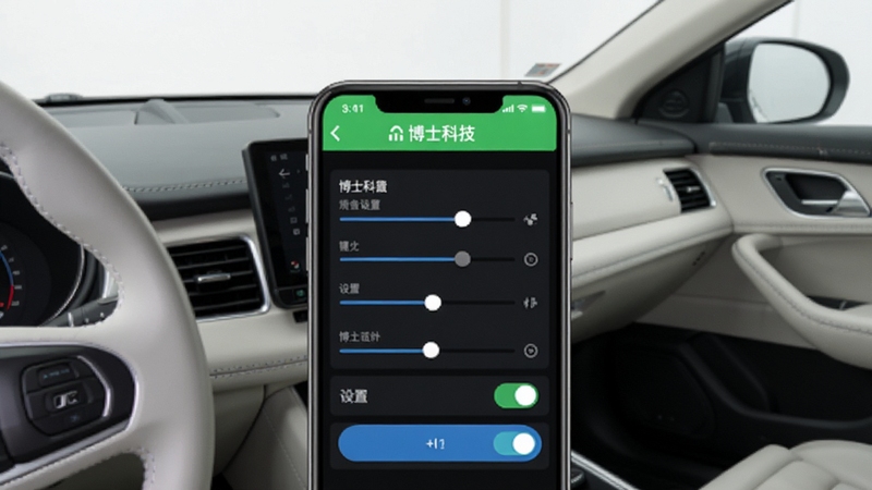 博仕科技app设备设置页面,画面主体为手机屏幕显示各项参数调节滑块与开关按钮,背景为简约的汽车内饰风格,屏幕上方有博仕科技设备连接成功状态栏