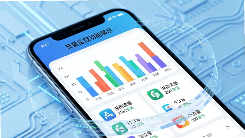 诉荷流量管家流量监控功能展示图,画面主体为手机屏幕特写,屏幕中显示彩色条形统计图与各应用图标及对应流量数值,背景区域为浅蓝色科技纹理,屏幕周围环绕半透明的数据流动线条,整体色调以蓝白为主,清晰展示实时监控场景