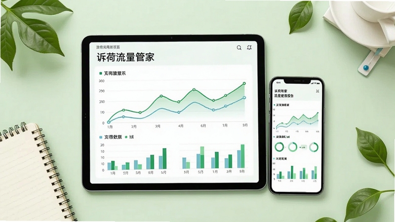 诉荷流量管家流量使用报告页面,画面中心为平板电脑与手机并排展示,屏幕内呈现折线图与柱状图组合的数据报告,背景区域为浅绿色清新风格,桌面散落几片绿叶与笔记本,营造数据分析与生活结合的氛围