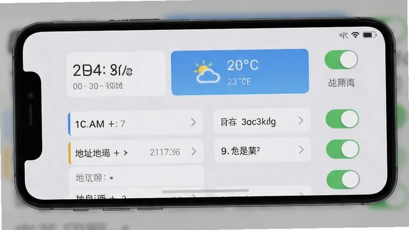 宙斯印记相机水印信息设置界面,手机屏幕中显示时间、天气、地址等多个开关按钮,画面以浅灰色背景衬托,界面布局整洁有序,突出多维度水印自定义功能