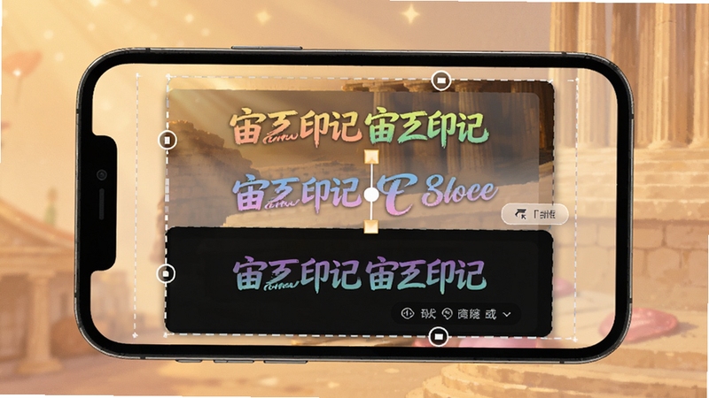 宙斯印记相机水印样式编辑界面,手机屏幕中展示不同颜色和字体的水印预览效果,背景为柔和暖色调,画面中包含可拖拽的水印位置标识,体现个性化编辑特点