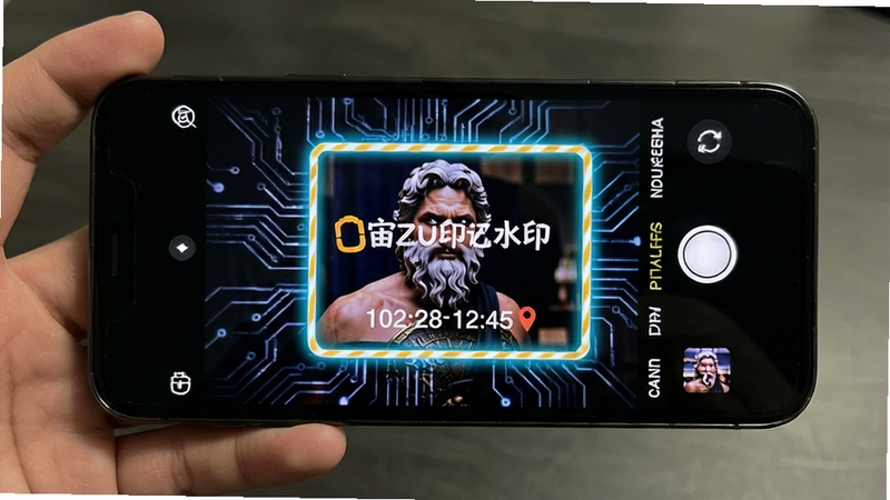 宙斯印记相机水印防伪效果展示,手机屏幕中显示一张带有时间地点水印的照片,水印区域用高亮边框标出,背景为深色科技纹理,突出不可篡改的安全特性