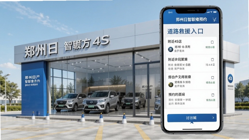郑州日产智联维保预约页面与道路救援入口,手机屏幕显示附近4S店列表和预约时间选择,背景是郑州日产4S店展厅外观,画面明亮整洁,体现官方服务正规感