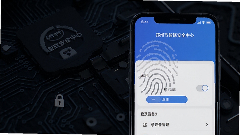 郑州日产智联安全中心与账号保护界面,手机屏幕显示指纹验证开关和登录设备管理列表,背景为深色科技纹理,突出隐私与安全氛围