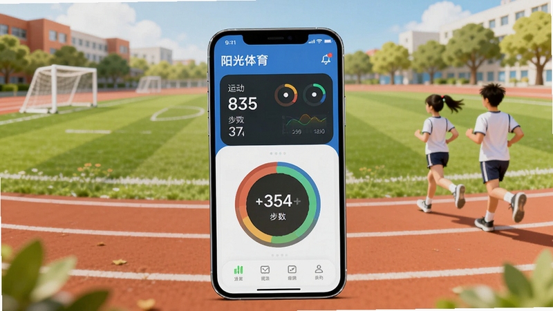阳光体育应用主界面全景展示,画面中央放置一部智能手机,屏幕显示运动数据仪表盘与步数统计环形图,背景为明亮的校园操场跑道与绿茵场,远处有学生在跑步,整体色调清新阳光,扁平化UI风格,高清细节,适配Boogu模型生成