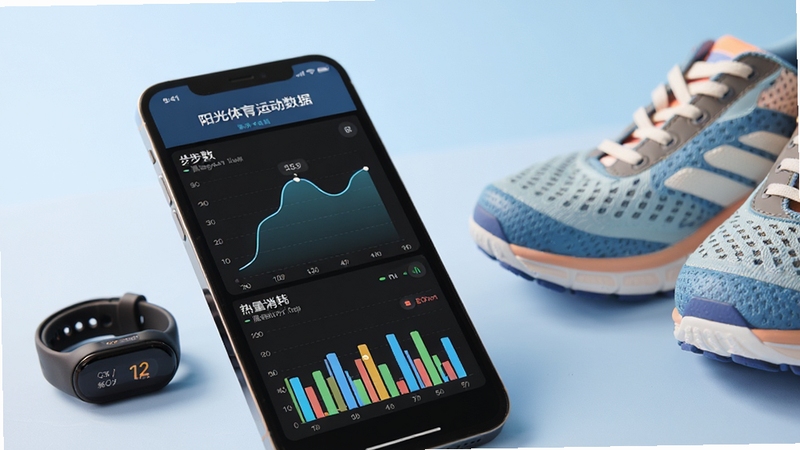 阳光体育运动数据记录界面特写,手机屏幕显示步数曲线图与热量消耗柱状图,旁边有运动手环和跑鞋作为陪衬,背景为柔和渐变蓝色,画面干净整洁,突出数据可视化元素,高清写实风格