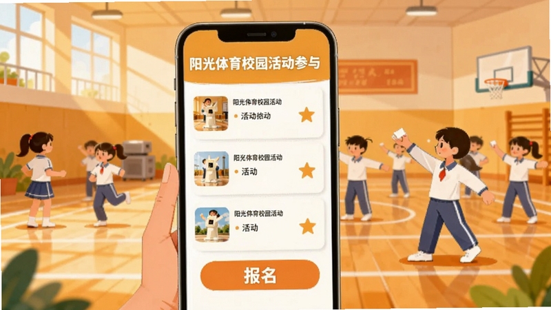 阳光体育校园活动参与页面展示,手机屏幕呈现活动列表与报名按钮,背景为学校体育馆内景,有学生正在进行广播体操,画面明亮充满活力,扁平插画风格,色彩温暖