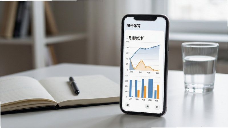 阳光体育历史趋势分析页面,手机屏幕展示月度运动折线图与周对比柱状图,背景为书房桌面,有笔记本和一杯水,画面安静专注,数据图表清晰醒目,现代简约风格
