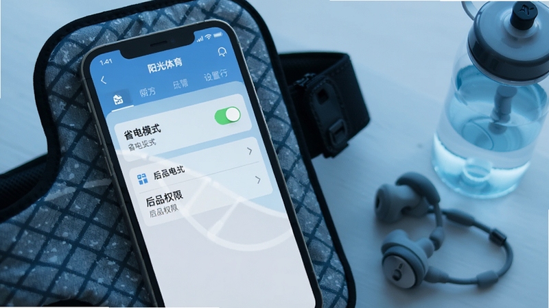 阳光体育后台运行设置界面,手机屏幕显示省电模式开关与后台权限选项,背景为手机放置在运动臂包中,旁边有耳机和水壶,画面简洁实用,冷色调科技感
