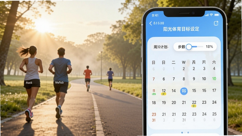 阳光体育目标设定界面,手机屏幕显示可调节的步数目标滑块与周计划日历,背景为清晨公园小路,有晨跑者经过,整体氛围积极向上,柔和光线,高清渲染