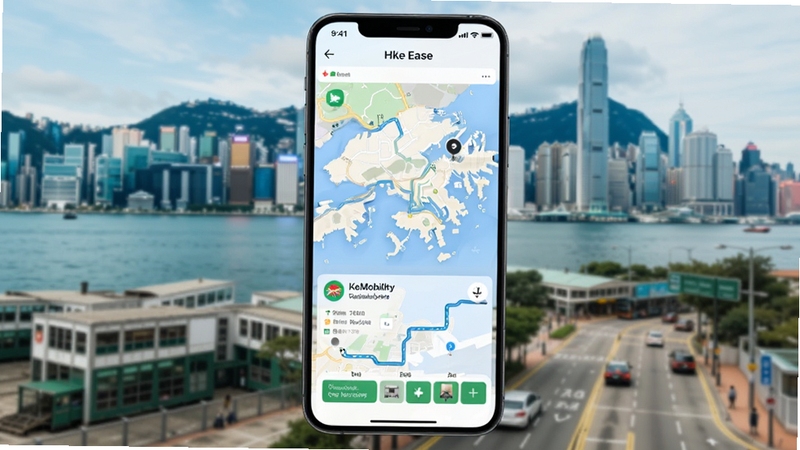 香港出行易HKeMobility应用界面全貌展示,画面主体为一部智能手机屏幕,屏幕中清晰呈现香港出行易的首页地图与路线规划卡片,背景区域为香港维多利亚港天际线与城市街道虚化融合,整体色调明亮清新,突出智慧出行与城市交通主题,适配Boogu模型生成