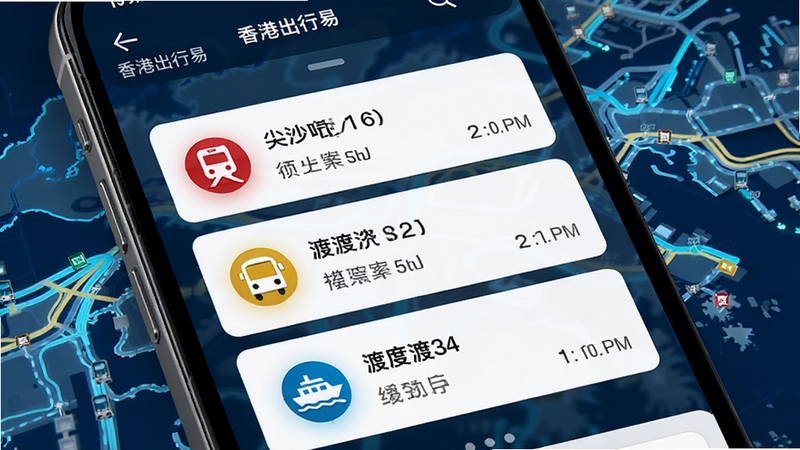 香港出行易实时路线规划功能界面特写,手机屏幕展示从尖沙咀到中环的多条路线方案对比卡片,包含港铁、巴士、渡轮图标与预计时间,背景为香港城市交通路网抽象线条,科技感与实用感并存,画面清晰明亮