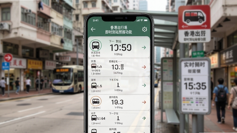 香港出行易即时到站预报功能展示,手机屏幕显示附近巴士站列表与下一班车到站倒计时,界面简洁直观,背景为香港街景与巴士站牌虚化处理,突出实时性与便捷性