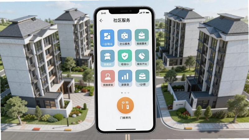 一应驿站软件主界面全貌展示,画面中央放置手机样机,屏幕内呈现社区服务功能图标矩阵与门禁开门按钮,背景为现代住宅小区俯瞰场景,整体色调清新明亮,构图居中对称,适配Boogu模型生成