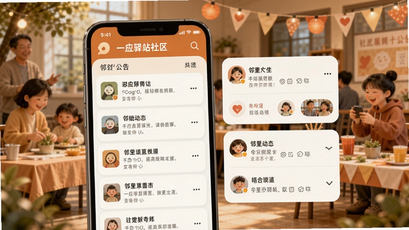 一应驿站社区公告与邻里互动界面,画面展示手机屏幕内公告列表与邻里动态卡片,背景为温馨社区活动场景,色彩温暖,细节丰富,适配Boogu模型生成