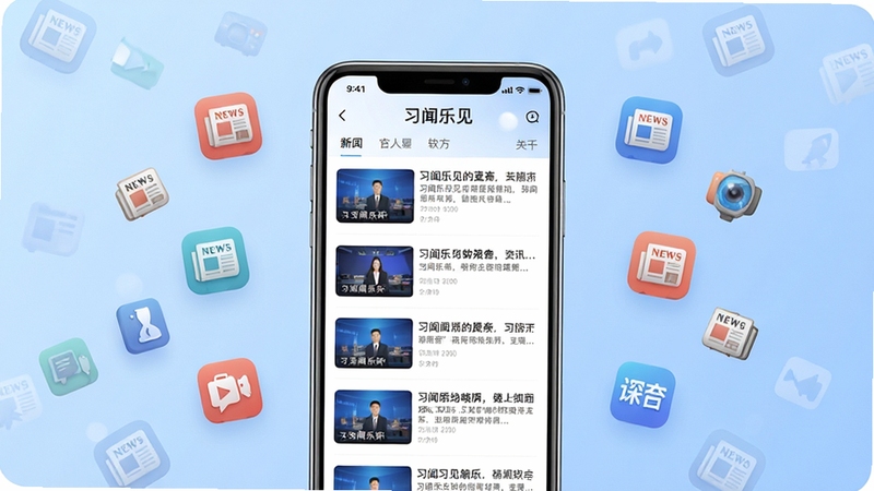 习闻乐见 下载 官方 软件 主界面 展示 手机 屏幕 资讯 流 卡片 设计 背景 为 淡雅 蓝色 渐变 风格 简洁 现代 高清 渲染 画面 中央 摆放 一部 智能手机 屏幕 内 显示 习闻乐见 的 文章 列表 页面 周围 漂浮 着 代表 新闻 的 图标 元素 构图 居中 对称 适合 作为 软件 介绍 头图