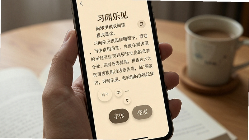 习闻乐见 阅读 模式 手机 屏幕 显示 一篇 排版 精美 的 文章 文字 清晰 背景 为 米黄色 护眼 模式 下方 有 调节 字体 大小 和 亮度 的 悬浮 按钮 整体 氛围 安静 舒适 适合 展示 阅读 体验