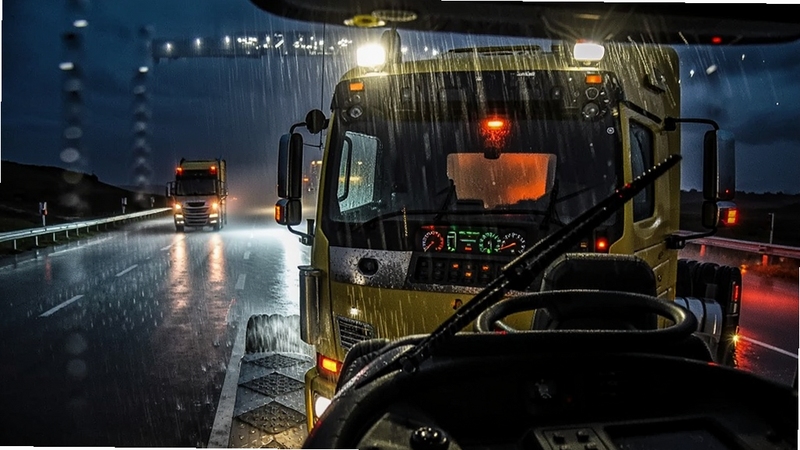 狂野重卡夜间暴雨场景,一辆黄色重型卡车在积水公路上行驶,大灯照亮雨幕,雨刷器正在工作,仪表盘灯光映照在驾驶室内,路面反射出车灯倒影