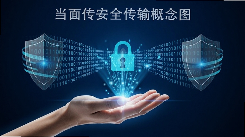 当面传安全传输概念图,一只发光的手托起带有锁形标志的数据流,周围环绕着盾牌与二进制代码,背景深蓝色调,突出安全加密与隐私保护主题