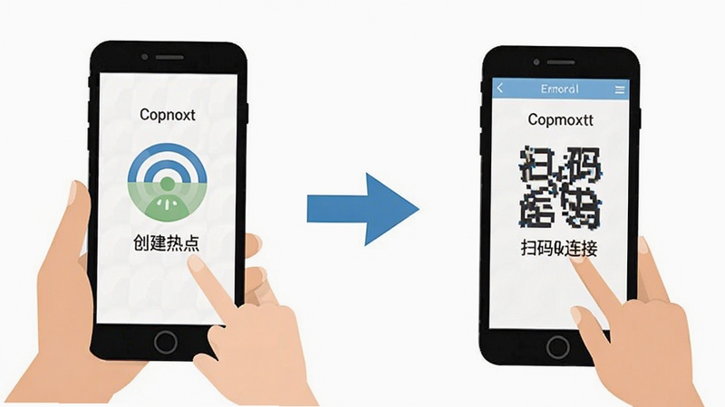当面传操作步骤示意图,手机屏幕显示创建热点与扫码连接两个界面,旁边有箭头指示操作顺序,背景为纯白色,图标采用扁平化设计风格,清晰展示使用流程