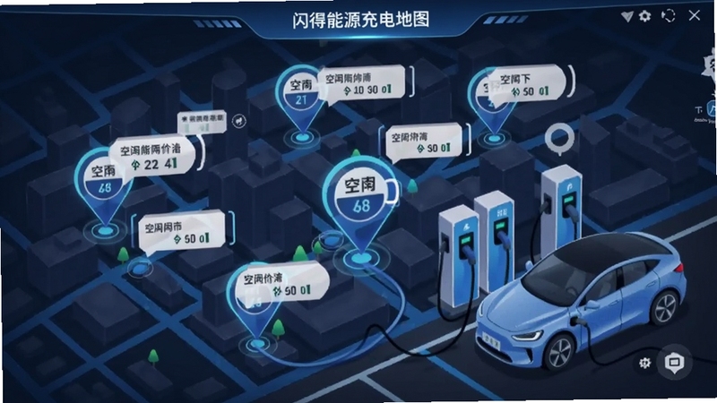 闪得能源充电地图界面截图风格插画,展示城市地图上多个充电站标记点,每个标记点旁显示空闲数量与价格标签,画面中有新能源汽车正在充电的场景,科技感蓝色调