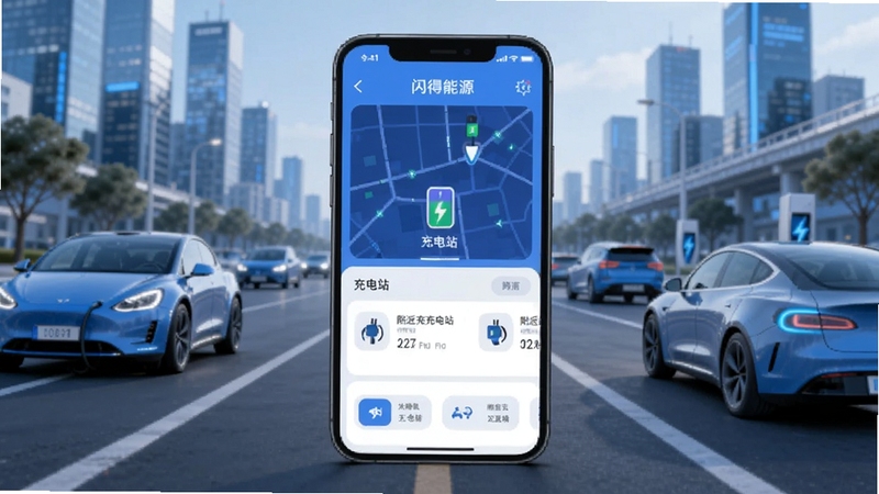 闪得能源APP主界面展示,画面中央是一部智能手机,屏幕上显示充电地图与附近充电站列表,背景为城市道路与新能源汽车,整体风格简洁科技感,蓝色与白色为主色调,适配Boogu模型生成