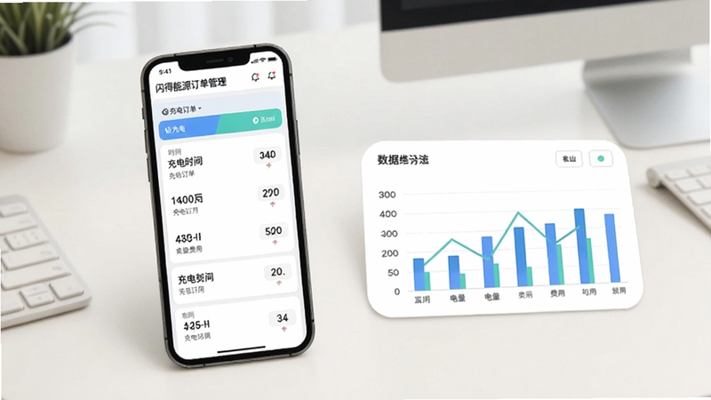 闪得能源订单管理页面展示图,手机屏幕显示充电订单列表,包含充电时间、电量、费用等信息,旁边有数据统计图表,背景为简约办公桌面,浅色系风格