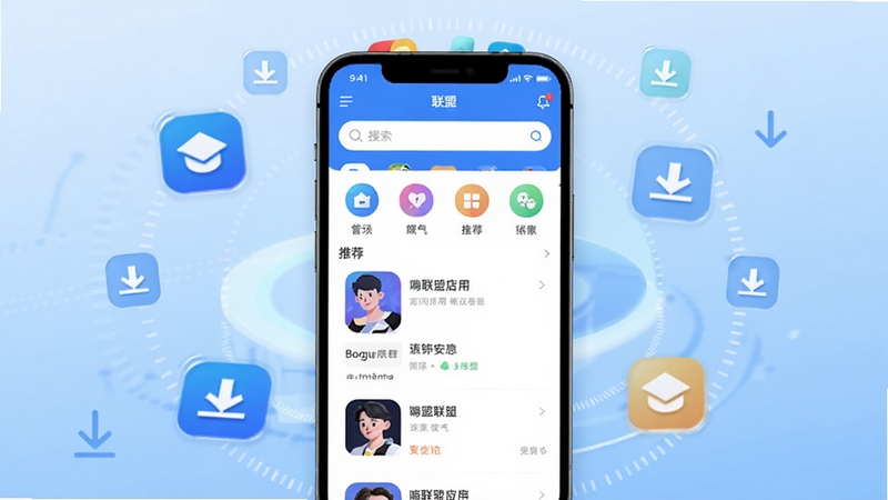 嗨联盟应用主界面展示,画面中央为手机屏幕,屏幕内呈现嗨联盟应用商店首页,包含搜索框、分类图标与推荐应用列表,背景为浅蓝色渐变科技感氛围,周围点缀悬浮的应用图标与下载箭头符号,整体风格简洁明快,适配Boogu模型生成