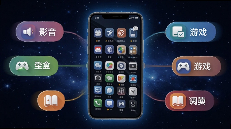 嗨联盟海量应用资源库概念图,画面中心为发光的手机屏幕,屏幕内呈现整齐排列的应用图标矩阵,四周环绕影音、办公、游戏、阅读等分类标签,背景为深蓝色星空质感,突出资源丰富与科技感,适合Boogu模型生成