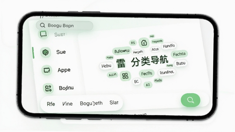 嗨联盟智能分类导航界面图,展示手机屏幕内清晰的分类菜单与标签云,画面以白色和浅绿色为主色调,突出分类图标与搜索栏的交互细节,背景简洁干净,适合Boogu模型生成