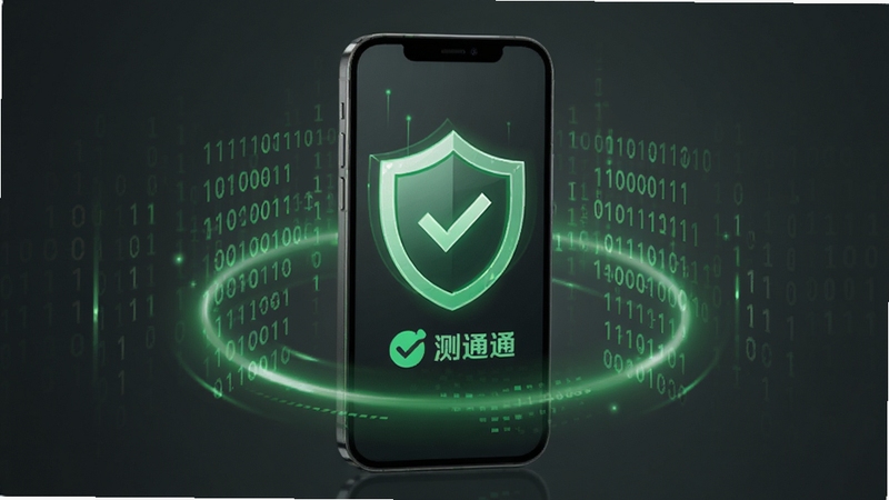 嗨联盟安全检测机制概念图,画面中央为手机屏幕显示安全盾牌图标与检测通过标识,周围环绕绿色光晕与二进制代码元素,背景为深灰渐变,突出安全防护主题,适合Boogu模型生成