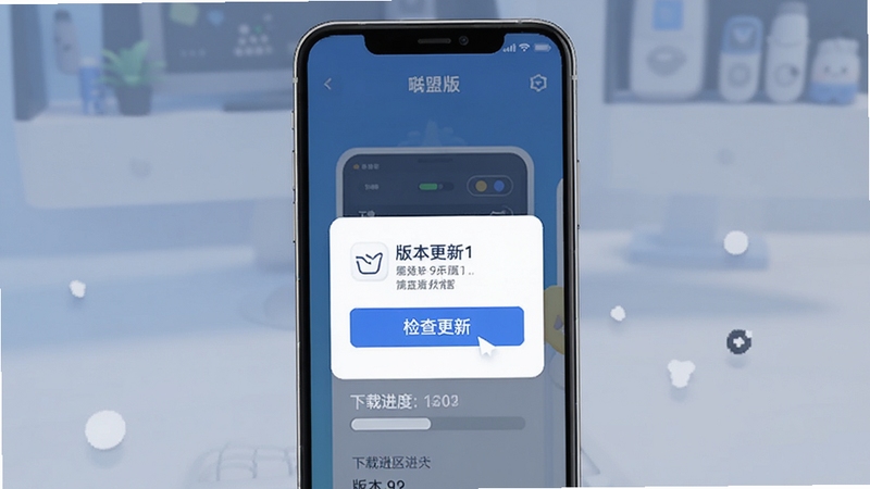 嗨联盟版本更新操作界面示意图,手机屏幕显示检查更新弹窗与下载进度,画面以蓝色和白色为主,突出更新按钮与版本号信息,背景简洁,适合Boogu模型生成