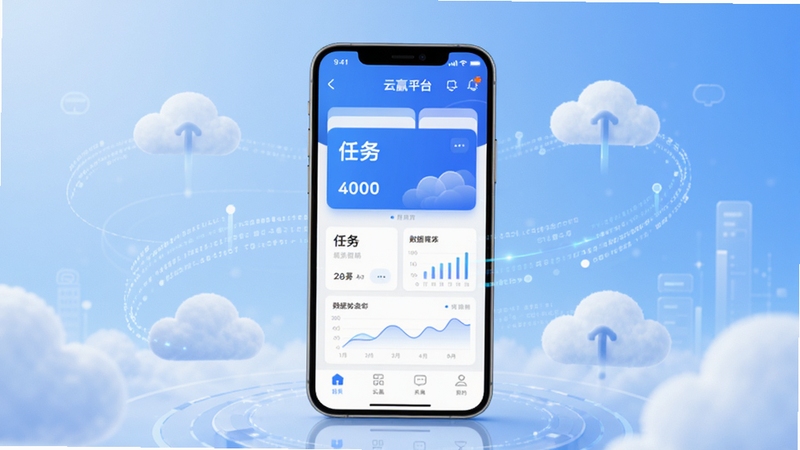 云赢平台主界面全景展示,画面中央为手机屏幕中的云赢平台应用首页,背景为浅蓝色渐变科技感空间,屏幕内呈现任务卡片与数据图表,四周环绕云朵与数据流线条,整体风格简洁明亮,适配Boogu模型生成