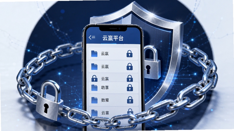 云赢平台数据安全防护示意图,画面展示手机屏幕中云赢平台文件列表带有锁形图标,背景为盾牌与加密锁链环绕,色调以深蓝和银色为主,突出安全可靠感