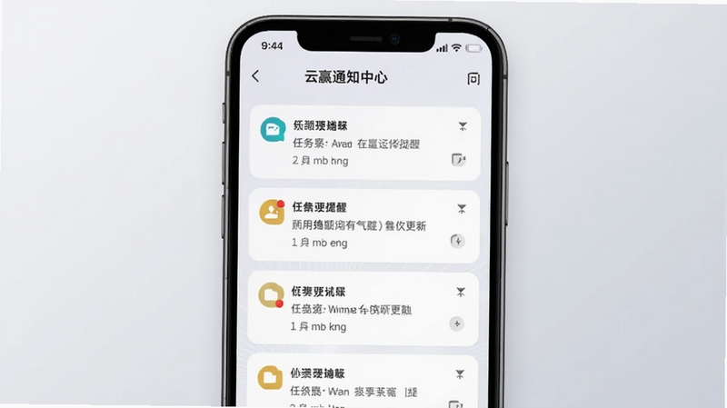 云赢平台消息通知中心界面,手机屏幕显示多条通知卡片,包含任务提醒与文件更新提示,背景为浅灰色渐变,通知图标带有红点标记,界面布局整齐