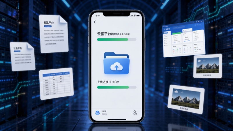 云赢平台数据同步与备份功能展示,画面中心为手机屏幕显示上传进度条与云端文件夹图标,周围漂浮文档、表格、图片缩略图,背景为深蓝色数据隧道,科技感强,云赢平台界面清晰可见