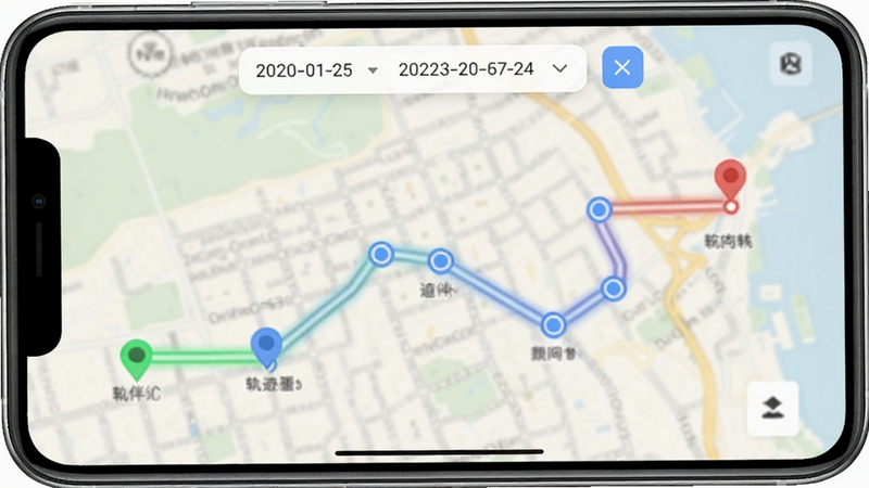 追伴历史轨迹回放功能展示,画面为一张带有路线线条的地图截图,线条从绿色起点延伸至红色终点,中间有若干蓝色圆点表示停留位置,地图上方有日期选择栏,整体色调柔和,突出追伴软件在轨迹记录方面的实用性与清晰度