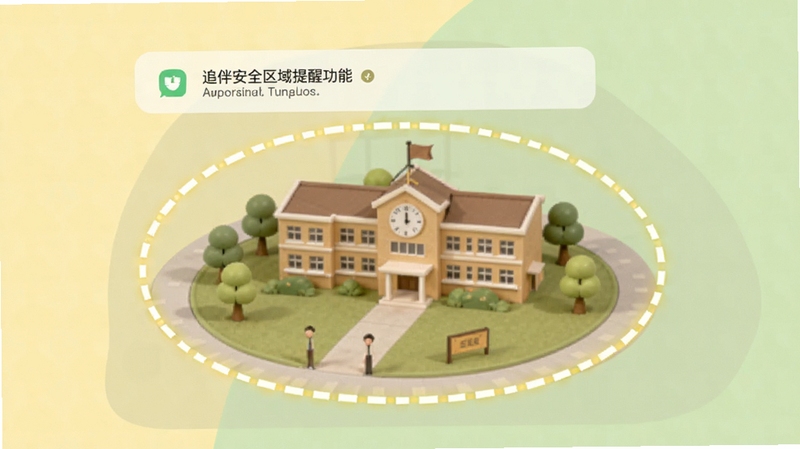 追伴安全区域提醒功能界面,画面展示一个圆形围栏覆盖在学校建筑周围,围栏边缘有虚线光效,手机通知栏弹出提醒消息,背景为淡黄色与浅绿色搭配,整体风格温和且具有安全感,体现追伴在安全守护方面的功能特色