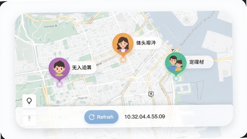 追伴实时位置共享功能界面,画面展示一张城市地图,上面分布着三个不同颜色的圆形头像标记,每个标记旁边带有家人昵称标签,地图下方有刷新按钮和时间戳,背景为干净的白色与浅灰配色,整体呈现科技感与家庭温暖并存的视觉效果