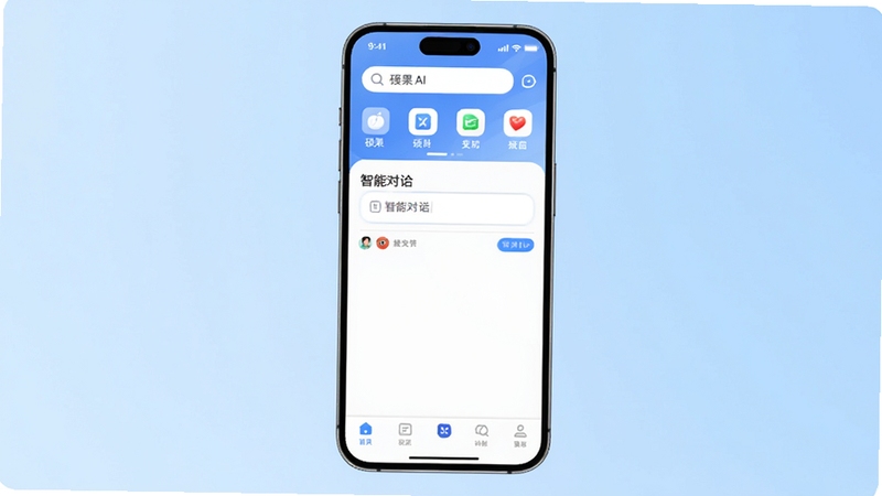 硕果AI软件主界面全貌展示,画面中央是手机屏幕,屏幕内呈现硕果AI的首页布局,顶部为搜索栏与功能入口,中部为智能对话输入框,底部为导航菜单,背景为柔和的浅蓝色渐变,整体风格简洁现代,适配Boogu模型生成