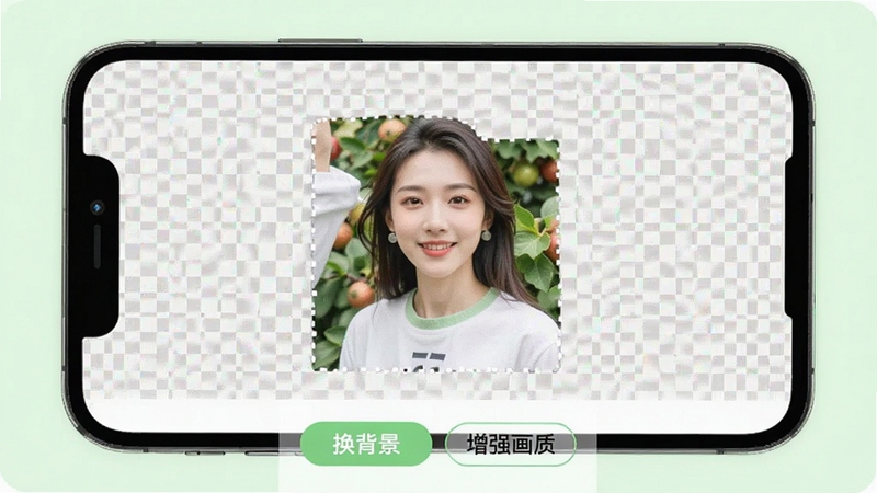 硕果AI图片处理界面展示,手机屏幕中显示一张人物照片正在被智能抠图,背景变为透明棋盘格,界面下方有“换背景”“增强画质”按钮,整体界面配色为浅绿色与白色,风格清新