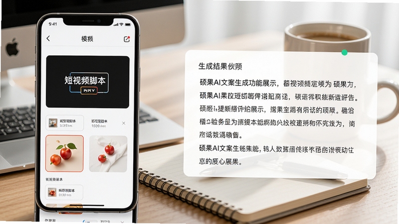 硕果AI文案生成功能展示,画面左侧为手机界面显示“短视频脚本”模板选项,右侧为生成结果预览,文字段落清晰可见,背景为办公桌面环境,有笔记本和咖啡杯点缀,光线明亮柔和,体现高效创作氛围