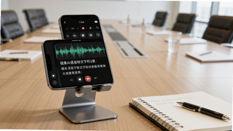 硕果AI语音转文字功能场景图,画面中手机放置在桌面支架上,屏幕显示录音波形与转写文字同步呈现,旁边有纸质笔记本和笔,背景为会议室长桌,光线均匀,突出实用办公属性